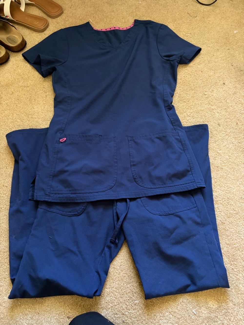HeartSoul Navy Blue Women’s Scrub Top and Jogger Pants Set with Pink Trim